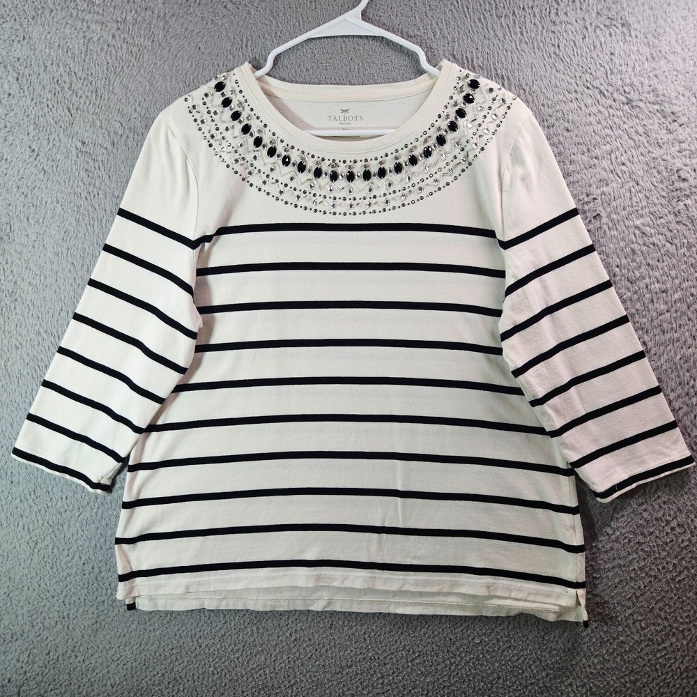 Talbots Top Blouse Women XL Petite Bead Embellished Beige‎ Striped
